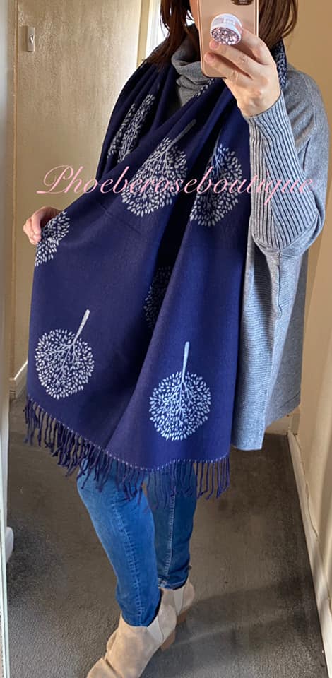Ultra Soft Extra Large Tree Print Fringed Scarf - Navy/Grey