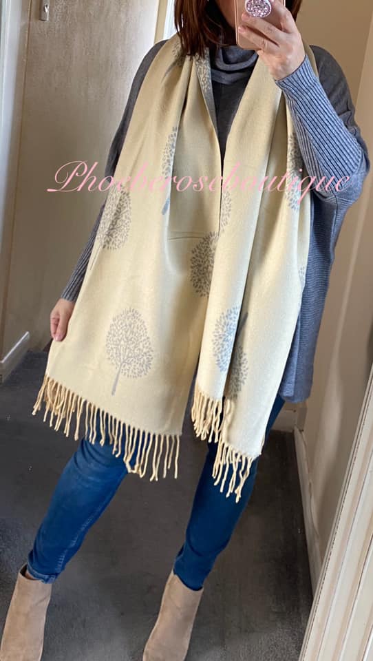 Ultra Soft Extra Large Tree Print Fringed Scarf - Cream/Grey