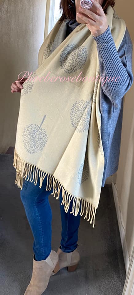 Ultra Soft Extra Large Tree Print Fringed Scarf - Cream/Grey - Image 3