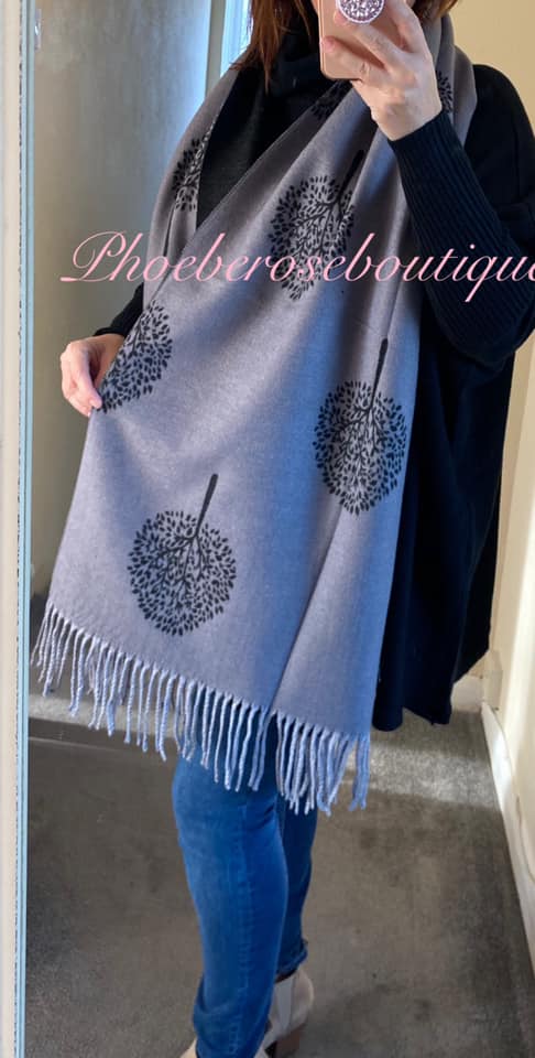 Ultra Soft Extra Large Tree Print Fringed Scarf - Grey/Black