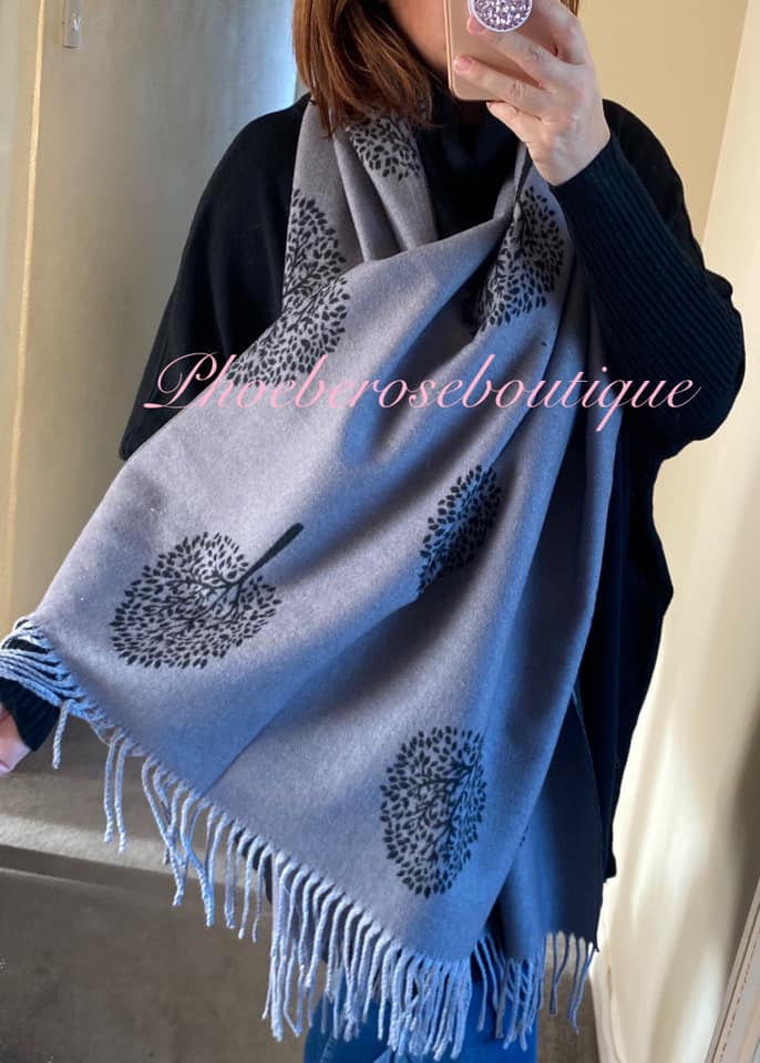 Ultra Soft Extra Large Tree Print Fringed Scarf - Grey/Black - Image 3