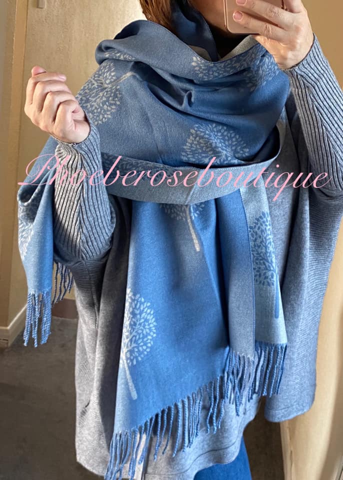 Ultra Soft Extra Large Tree Print Fringed Scarf - Soft Blue/Grey