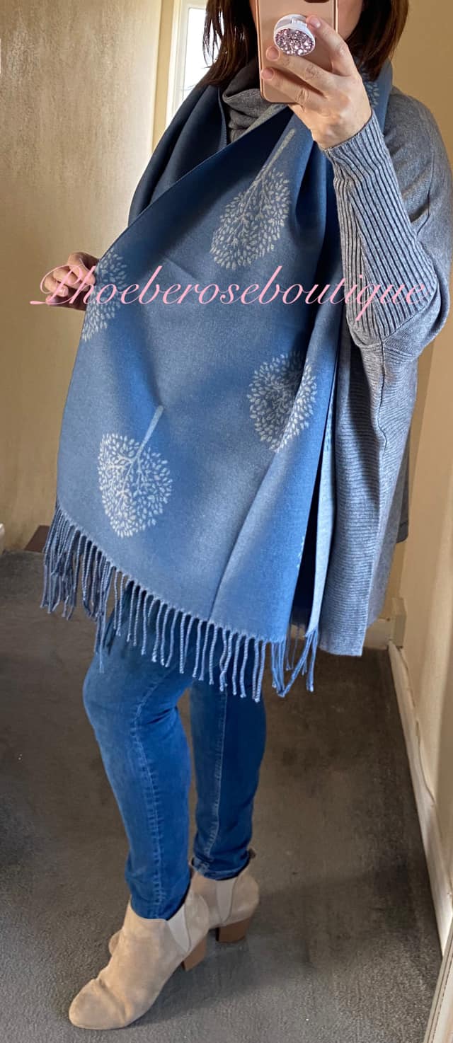 Ultra Soft Extra Large Tree Print Fringed Scarf - Soft Blue/Grey