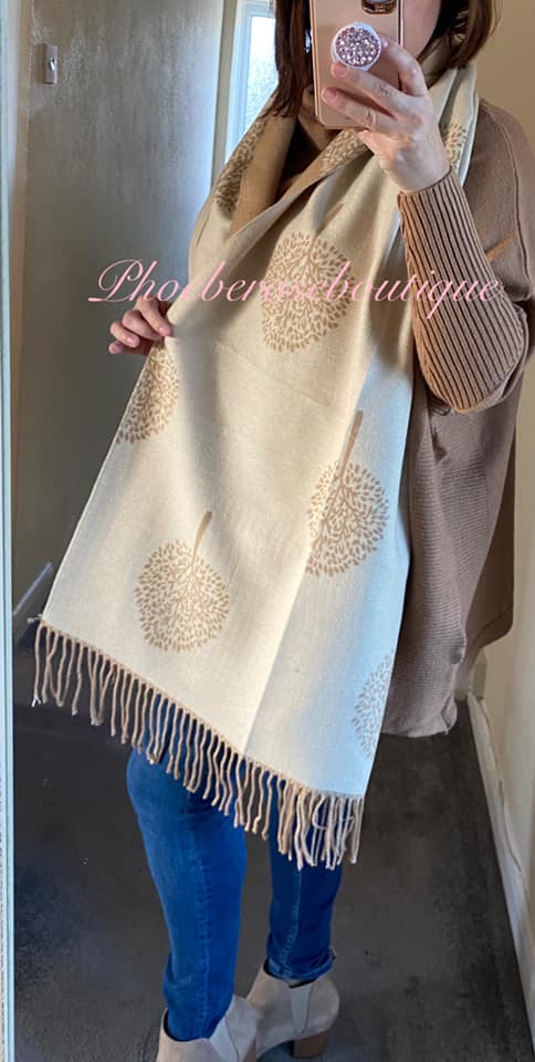 Ultra Soft Extra Large Tree Print Fringed Scarf - Camel/Beige - Image 3