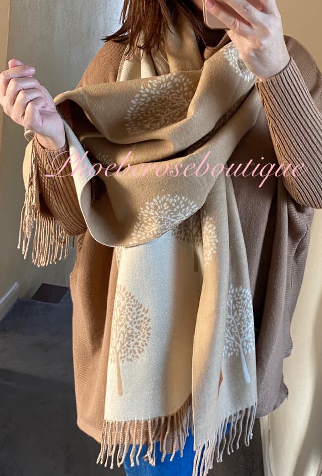 Ultra Soft Extra Large Tree Print Fringed Scarf - Camel/Beige