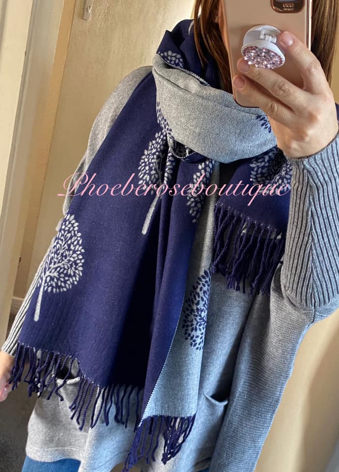 Ultra Soft Extra Large Tree Print Fringed Scarf - Navy/Grey