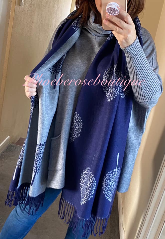 Ultra Soft Extra Large Tree Print Fringed Scarf - Navy/Grey - Image 3