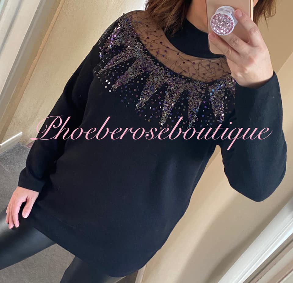Lux Sequin and Chiffon Embellished Neckline Supersoft Jumper - Black