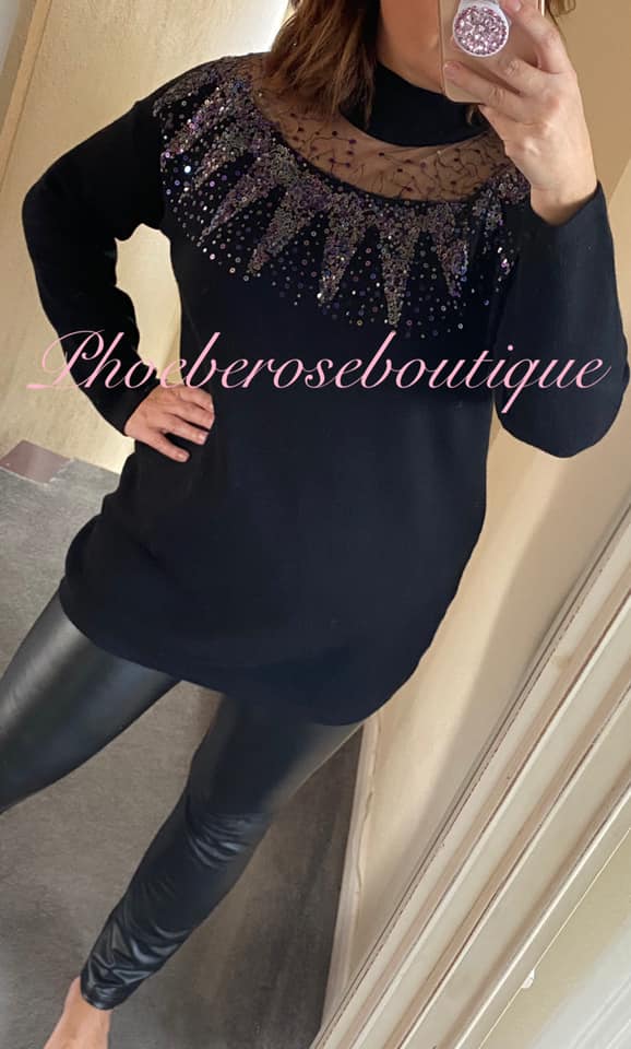 Lux Sequin and Chiffon Embellished Neckline Supersoft Jumper - Black
