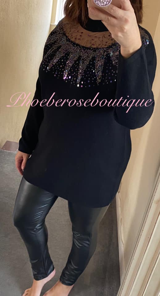 Lux Sequin and Chiffon Embellished Neckline Supersoft Jumper - Black - Image 3