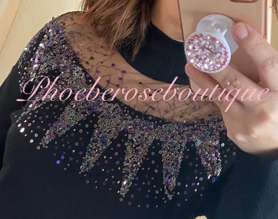 Lux Sequin and Chiffon Embellished Neckline Supersoft Jumper - Black - Image 4