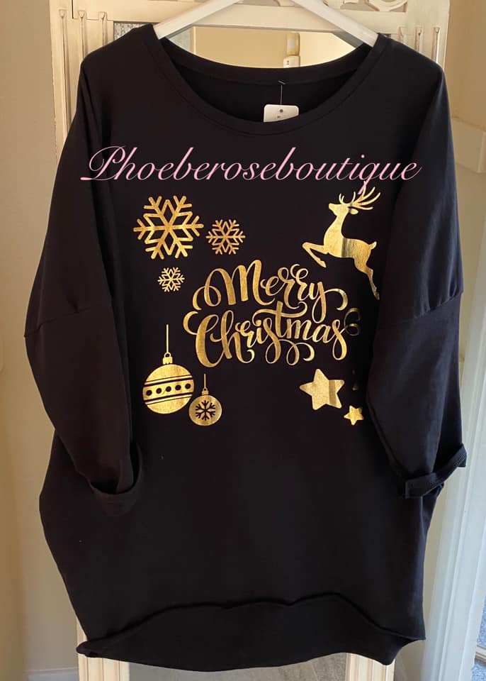 Merry Christmas Print Loose Fit Oversized Pocket Tunic/Top - Black