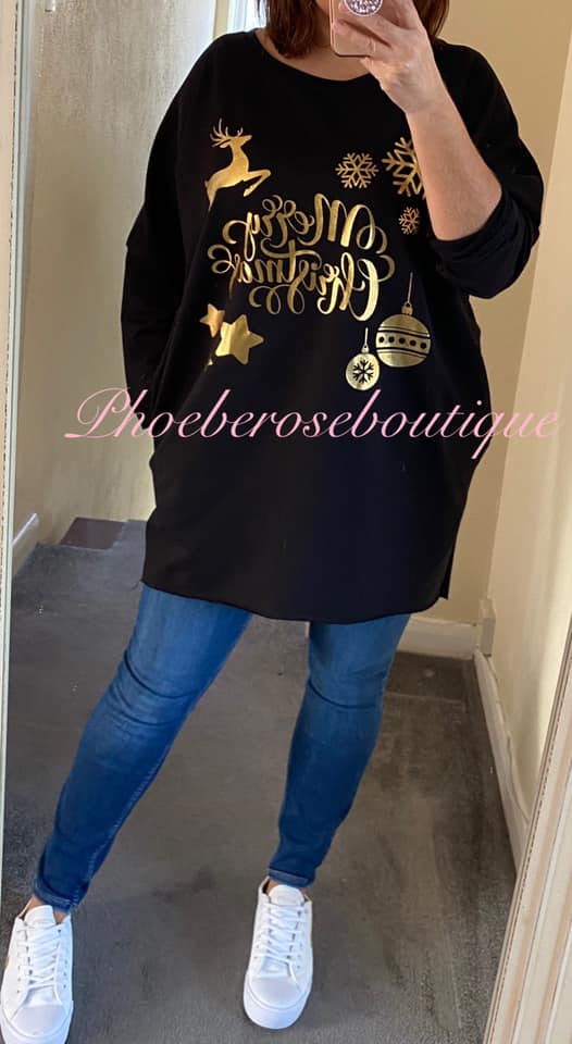 Merry Christmas Print Loose Fit Oversized Pocket Tunic/Top - Black - Image 3