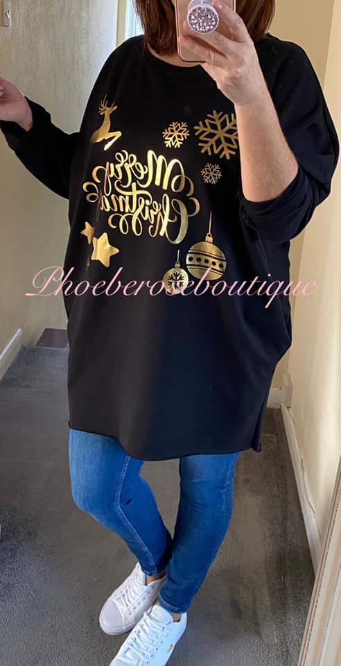 Merry Christmas Print Loose Fit Oversized Pocket Tunic/Top - Black