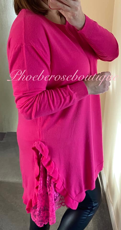 Supersoft Knit Lace and Frill Side Detail Jumper - Fuschia
