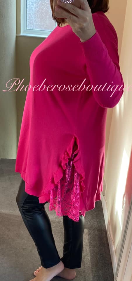 Supersoft Knit Lace and Frill Side Detail Jumper - Fuschia - Image 3