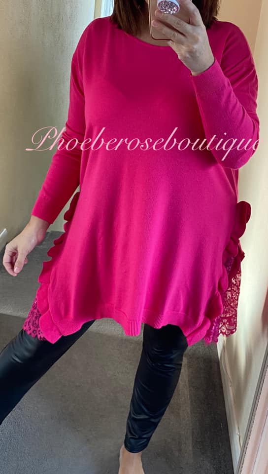 Supersoft Knit Lace and Frill Side Detail Jumper - Fuschia