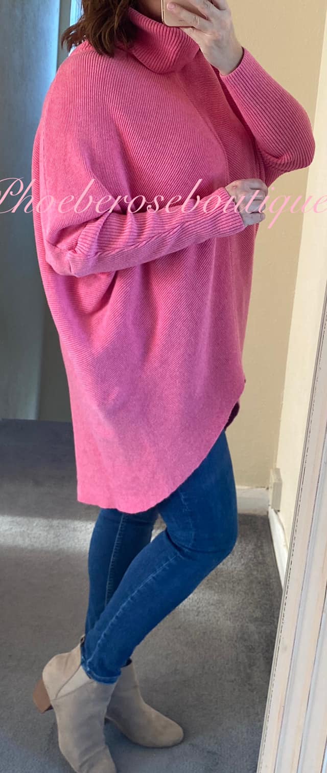 Soft Ribbed Slouch Roll Neck Hi/Low Jumper - Hot Pink