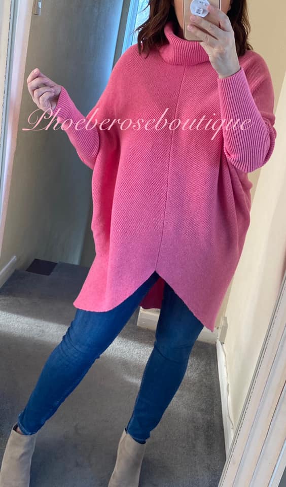 Soft Ribbed Slouch Roll Neck Hi/Low Jumper - Hot Pink