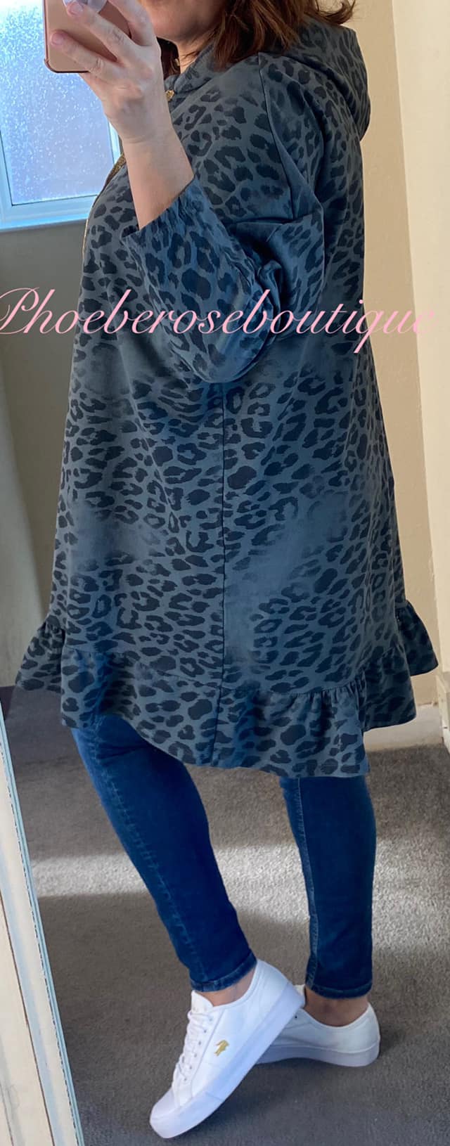 Animal Print Longline Frill Hem Hooded Top - Dark Grey