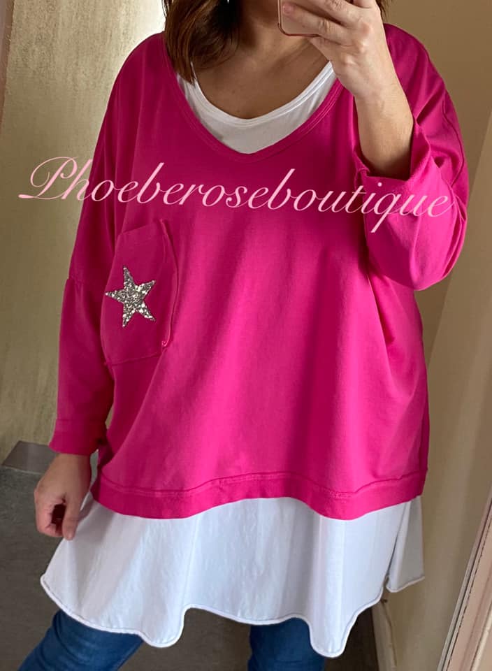 Lux Embellished Star 2 Part Oversized Top - Hot Pink