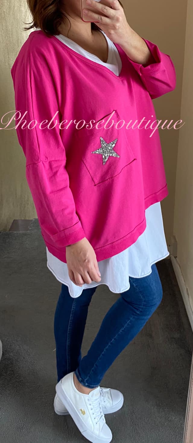 Lux Embellished Star 2 Part Oversized Top - Hot Pink