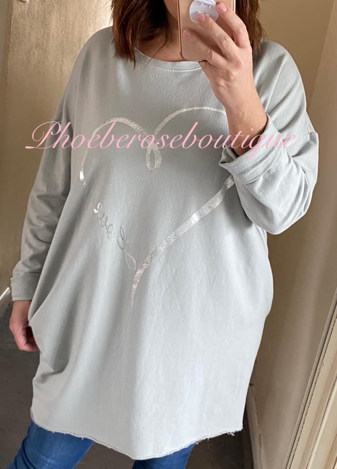 Metallic Love Design Lightweight Pocket Sweat Top/Tunic - Soft Grey