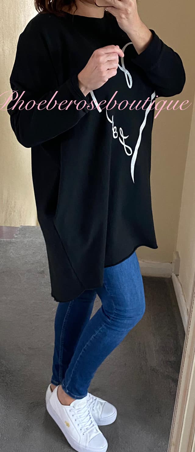 Metallic Love Design Lightweight Pocket Sweat Top/Tunic - Black