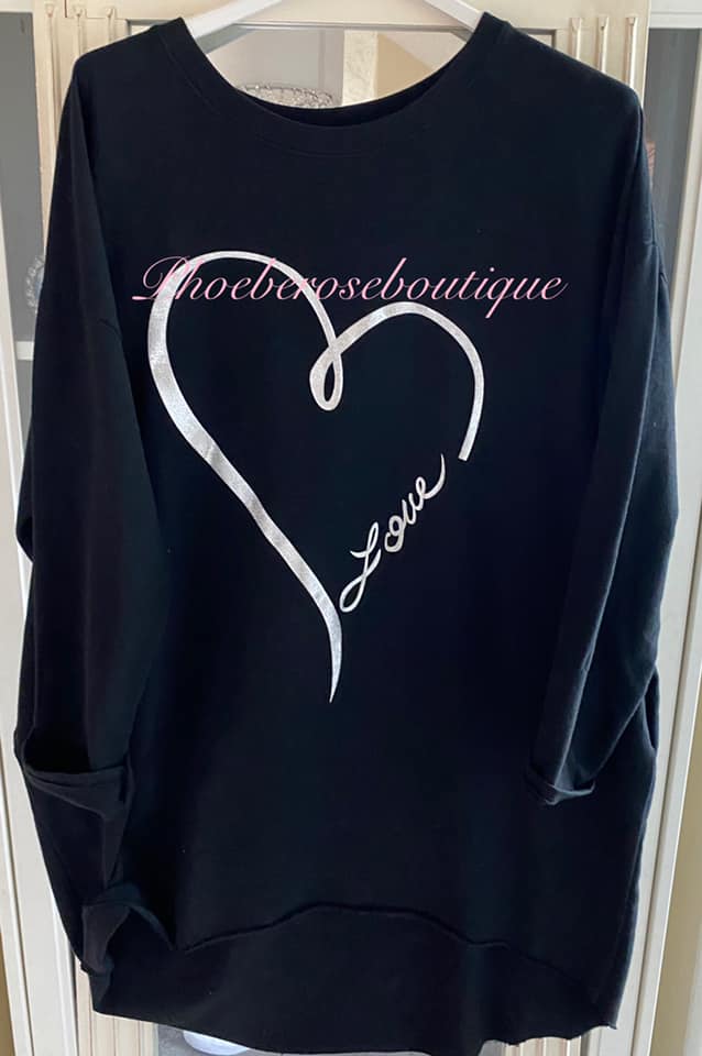 Metallic Love Design Lightweight Pocket Sweat Top/Tunic - Black