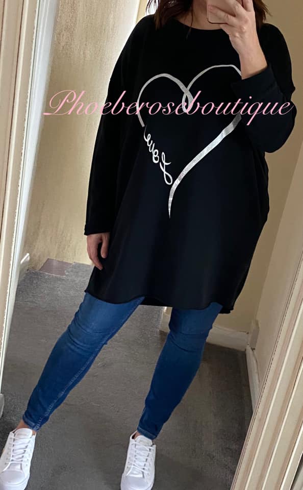 Metallic Love Design Lightweight Pocket Sweat Top/Tunic - Black - Image 3