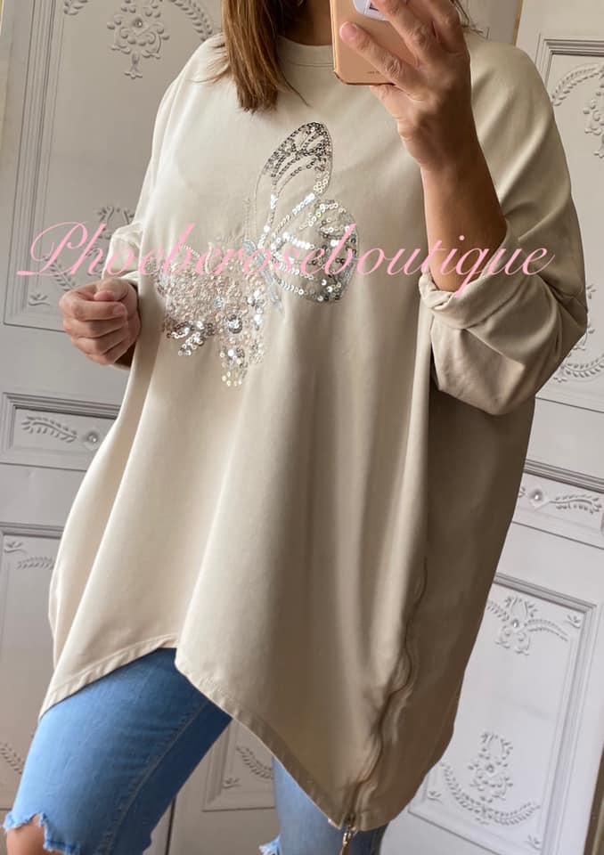 Oversized Sequin Butterfly Design Zip Side Sweatshirt - Stone