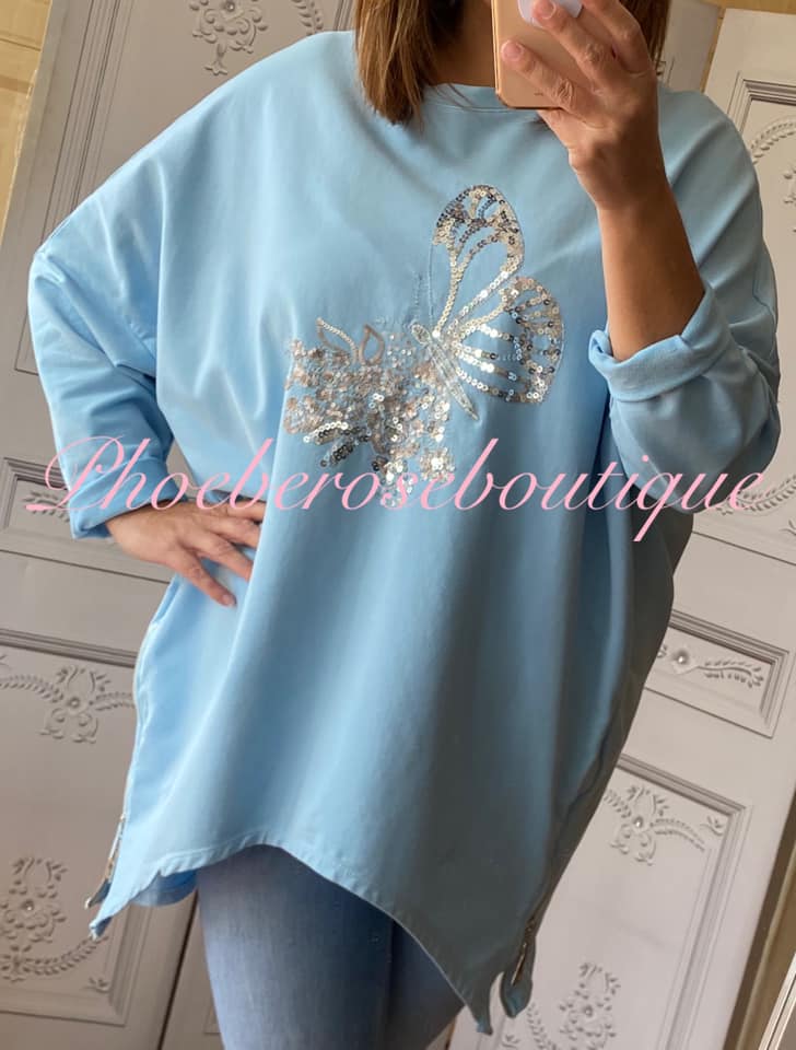 Oversized Sequin Butterfly Design Zip Side Sweatshirt - Beautiful Blue