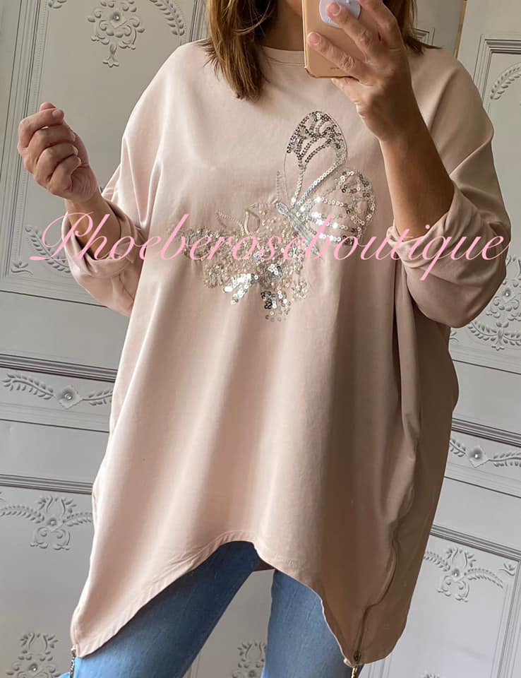Oversized Sequin Butterfly Design Zip Side Sweatshirt - Soft Pink