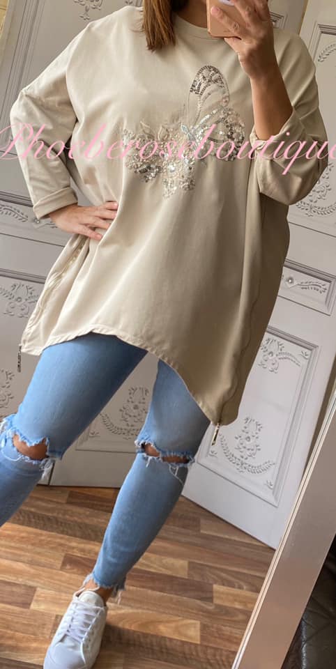 Oversized Sequin Butterfly Design Zip Side Sweatshirt - Stone