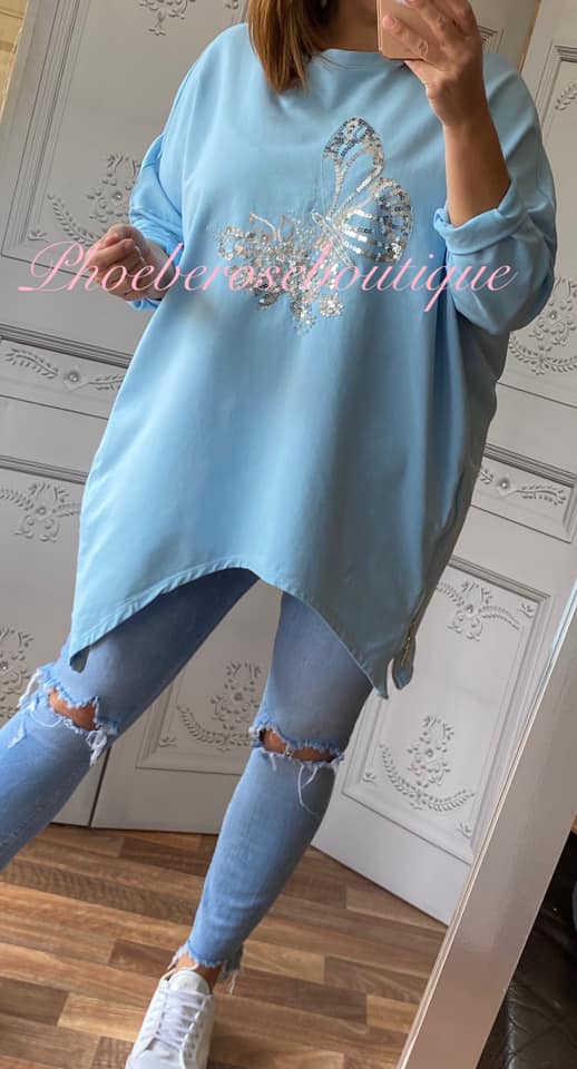 Oversized Sequin Butterfly Design Zip Side Sweatshirt - Beautiful Blue - Image 3