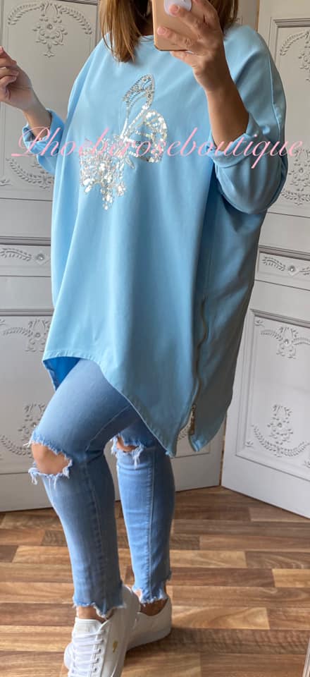 Oversized Sequin Butterfly Design Zip Side Sweatshirt - Beautiful Blue