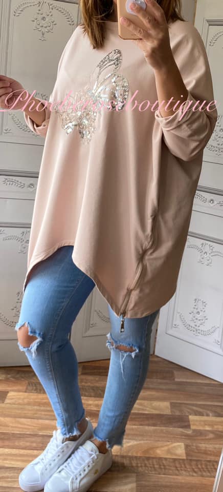 Oversized Sequin Butterfly Design Zip Side Sweatshirt - Soft Pink