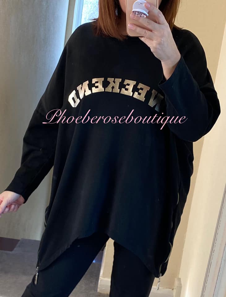 Oversized 'Weekend' Logo Zip Side Sweatshirt - Black