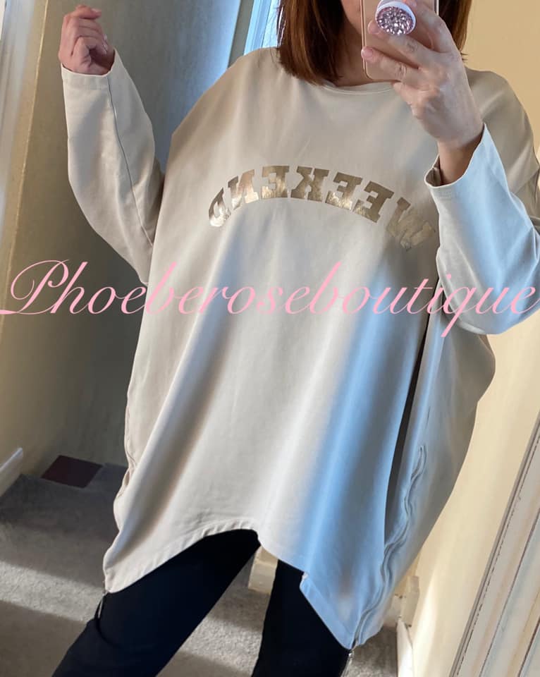 Oversized 'Weekend' Logo Zip Side Sweatshirt - Stone
