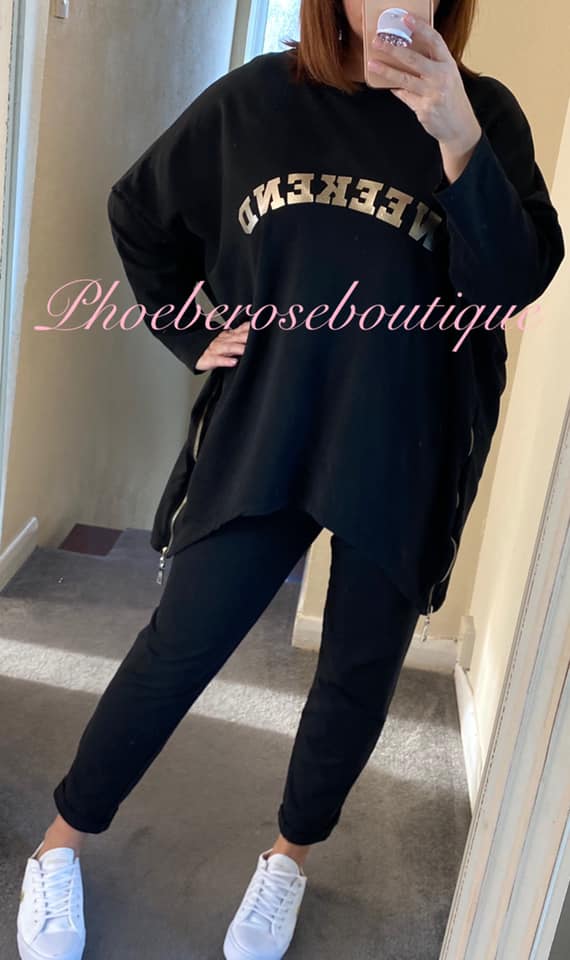 Oversized 'Weekend' Logo Zip Side Sweatshirt - Black - Image 3
