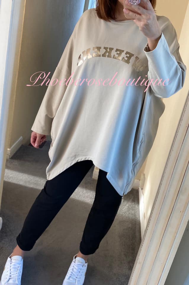 Oversized 'Weekend' Logo Zip Side Sweatshirt - Stone