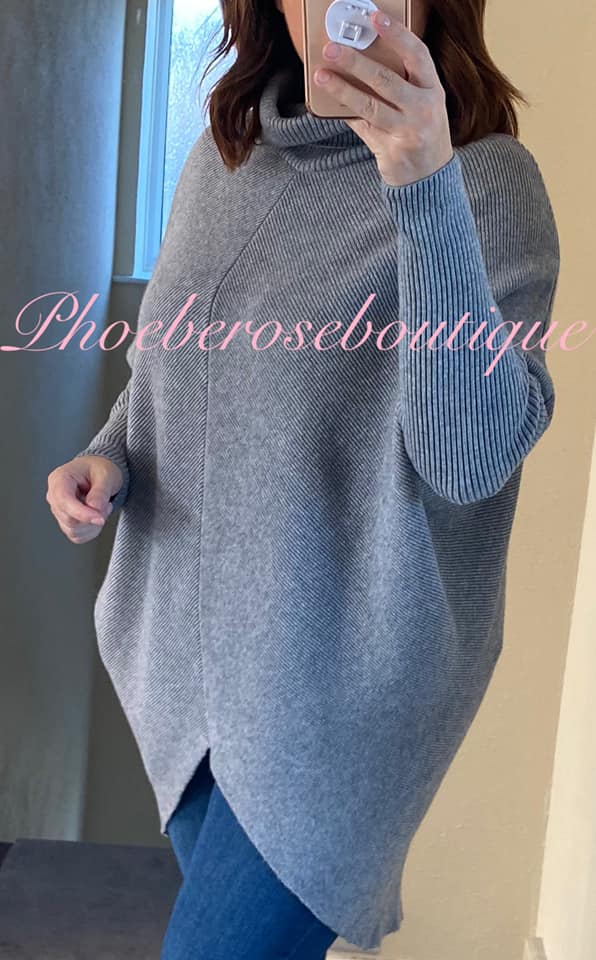 Soft Ribbed Slouch Roll Neck Hi/Low Jumper - Grey