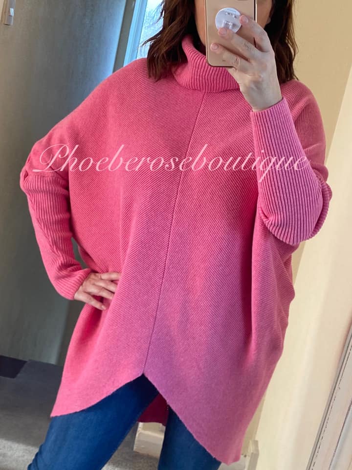 Soft Ribbed Slouch Roll Neck Hi/Low Jumper - Hot Pink