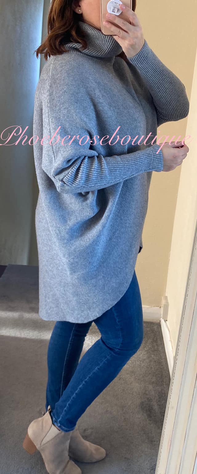 Soft Ribbed Slouch Roll Neck Hi/Low Jumper - Grey