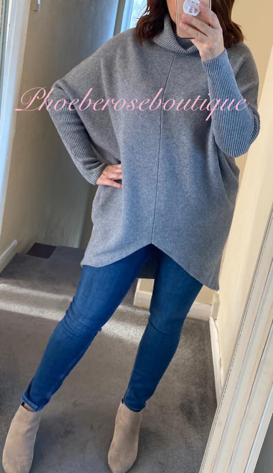 Soft Ribbed Slouch Roll Neck Hi/Low Jumper - Grey