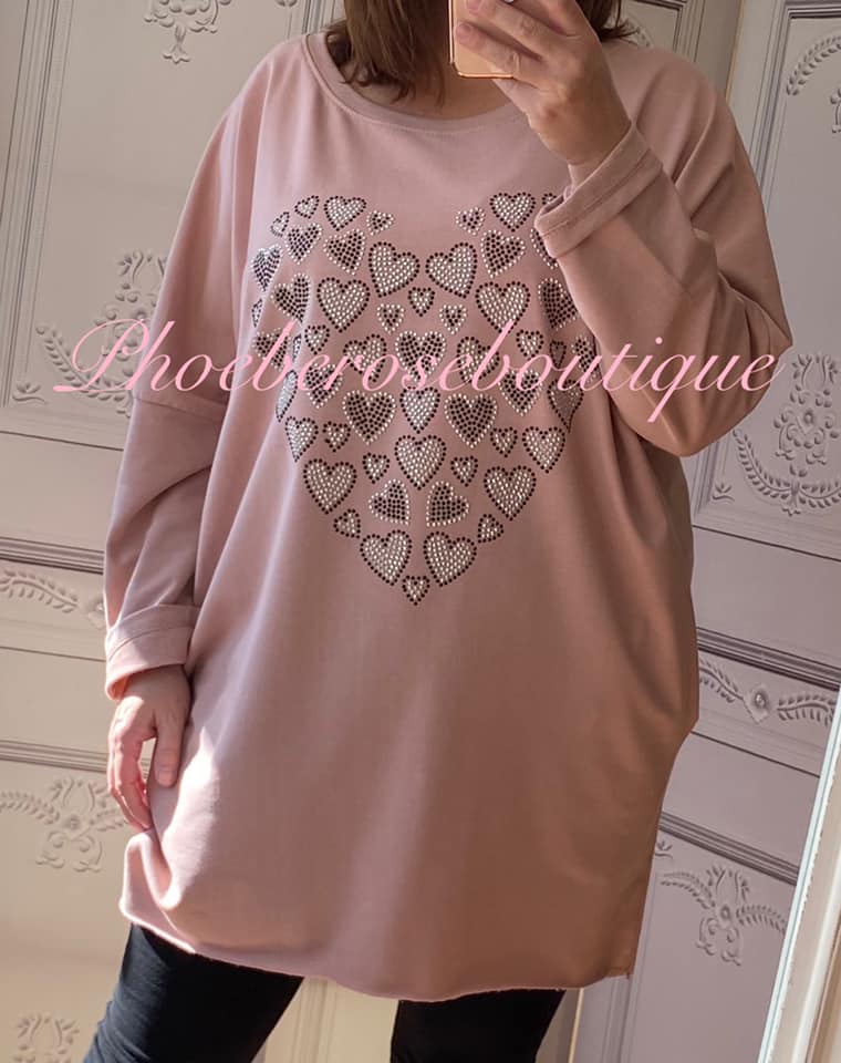 Multi Heart Stud Loose Fit Pocket Sweat Tunic/Top - Soft Pink