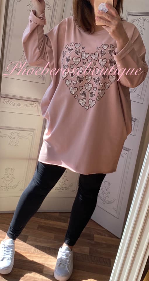 Multi Heart Stud Loose Fit Pocket Sweat Tunic/Top - Soft Pink - Image 3