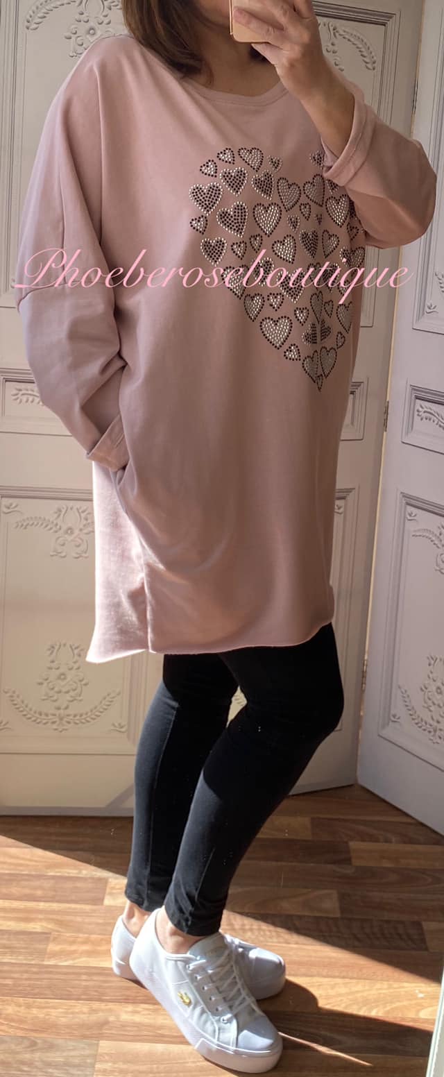 Multi Heart Stud Loose Fit Pocket Sweat Tunic/Top - Soft Pink