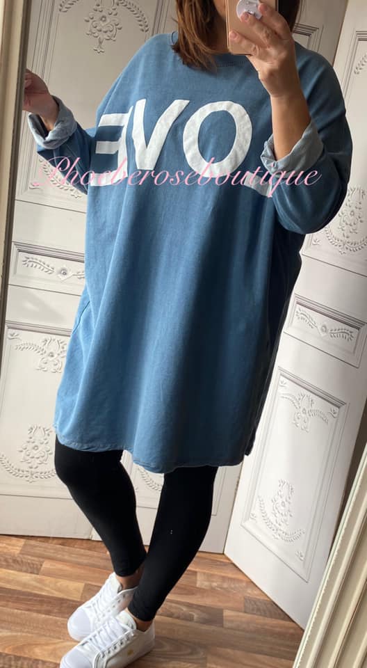 'LOVE' Logo Denim Lightweight Longline Sweat Top - Image 3