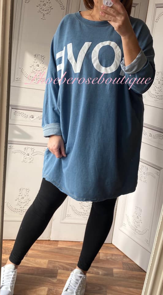 'LOVE' Logo Denim Lightweight Longline Sweat Top